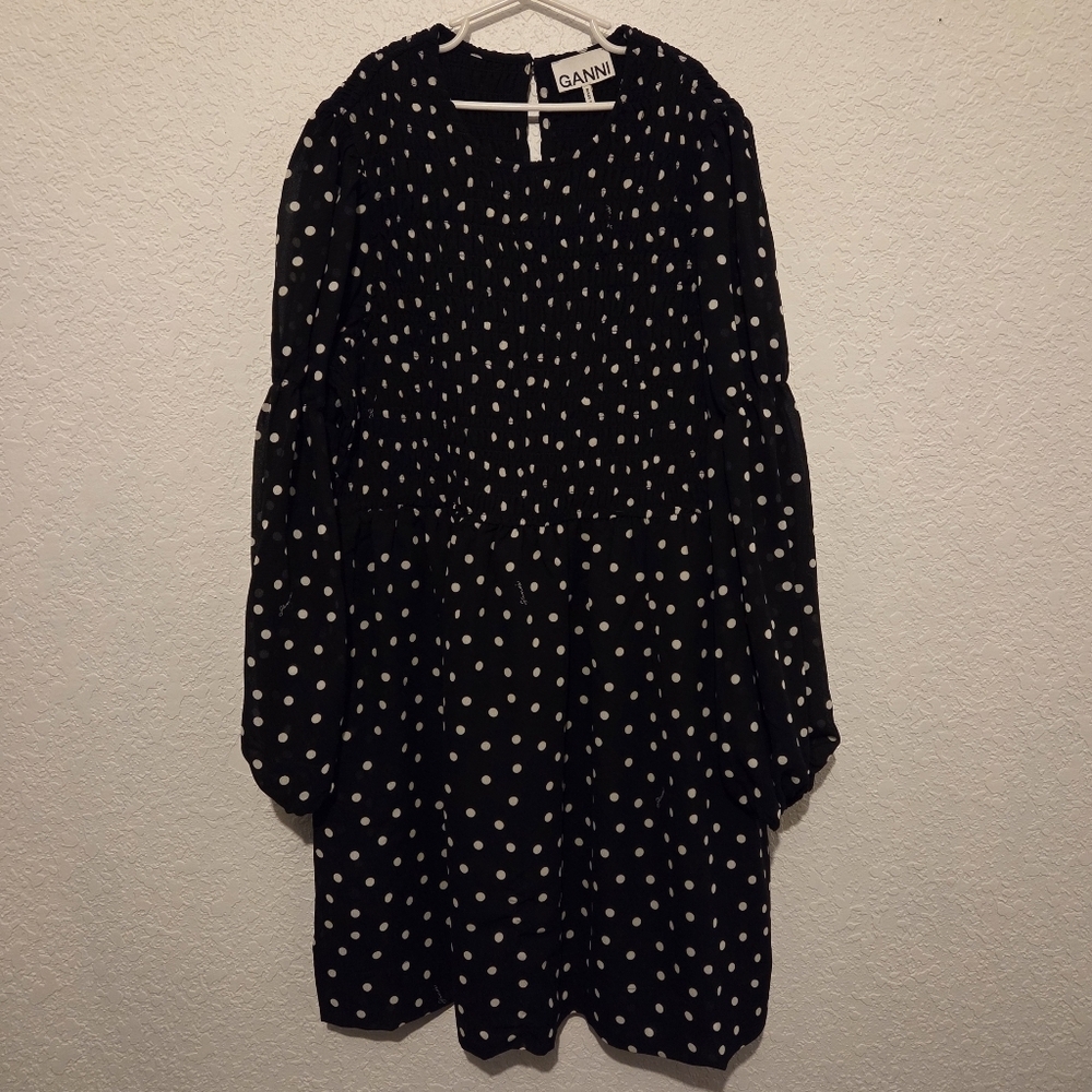 Ganni Black and White Polka Dot Long Sleeve Dress - Picture 8 of 11